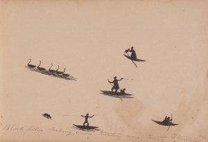 クワットクワットの人々-黒い仲間の釣り、白鳥の狩猟、カメの狩猟-先住民の活動のスケッチブック 作： Tommy McRae
